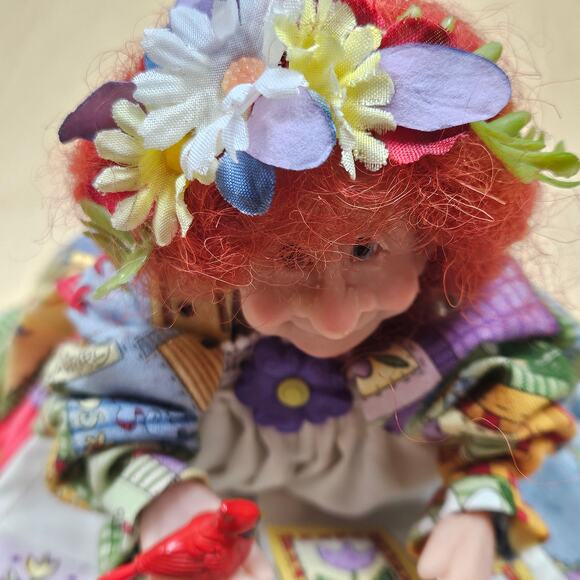 RARE UNIQUE Granny Garden Doll Artist Made Red Hair Cardinal Patchwork Dress - Picture 6 of 9